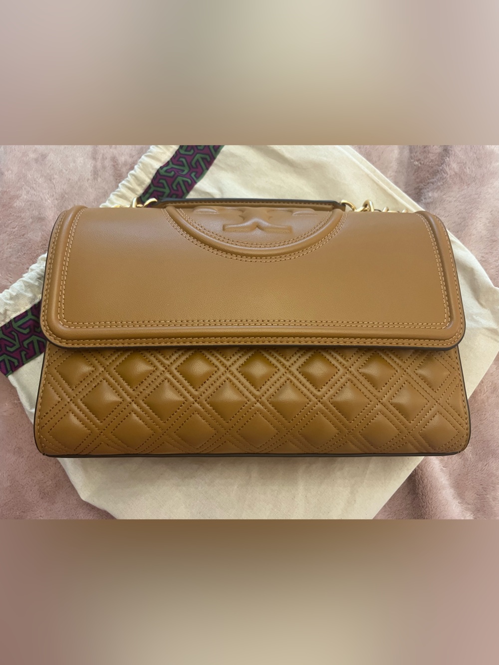 Tory Burch Quilted Caramel Leather Fleming Shoulder Bag